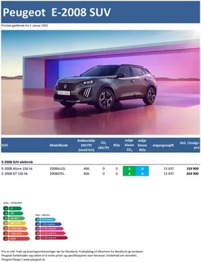 Peugeot-katalog i Mo i Rana | Last ned prisliste for Peugeot E-2008 SUV | 2025-03-25T00:00:00.000Z - 2026-03-25T00:00:00.000Z