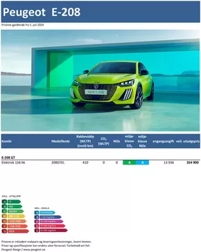Peugeot-katalog i Fredrikstad | Last ned prisliste for nye Peugeot E-208 | 2024-07-05T00:00:00.000Z - 2025-07-05T00:00:00.000Z